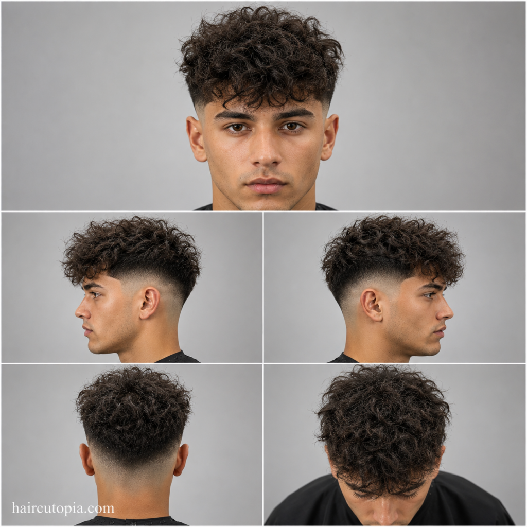 Five-panel collage showing a skin fade haircut for frizzy hair from the front, left side, right side, back, and top views.