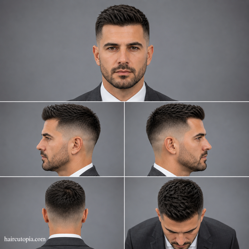 Five-panel collage showing a professional skin fade haircut from the front, left side, right side, back, and bird's-eye view with a textured top and clean fade blend.