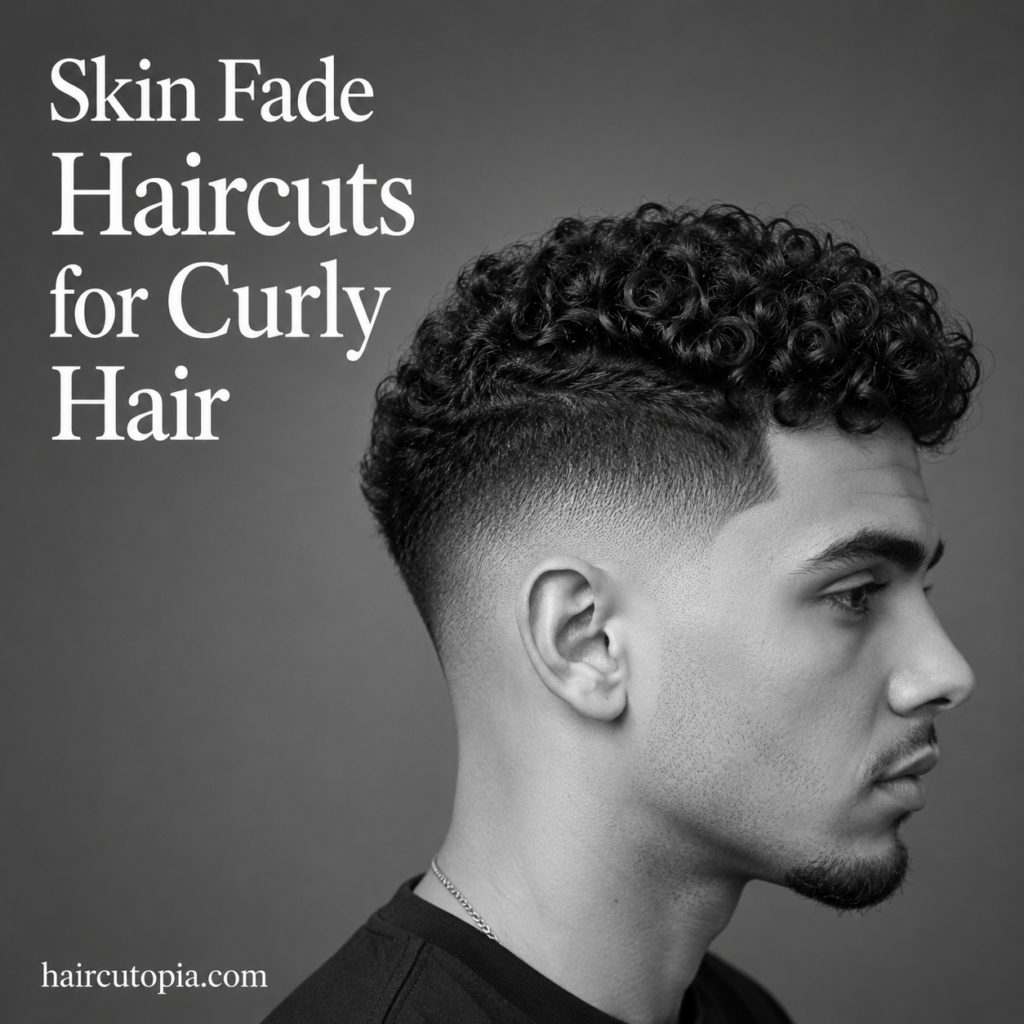 Man with defined curly hair on top and a sharp skin fade haircut in a black-and-white studio portrait.