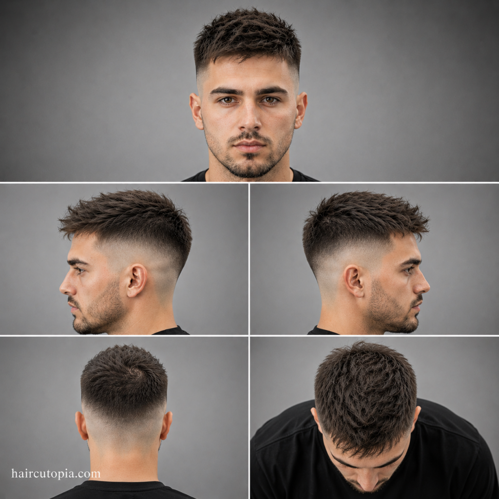 Five-panel collage showing a skin fade haircut for fine hair from the front, left side, right side, back, and top views, highlighting texture, volume, and clean skin fade transitions.