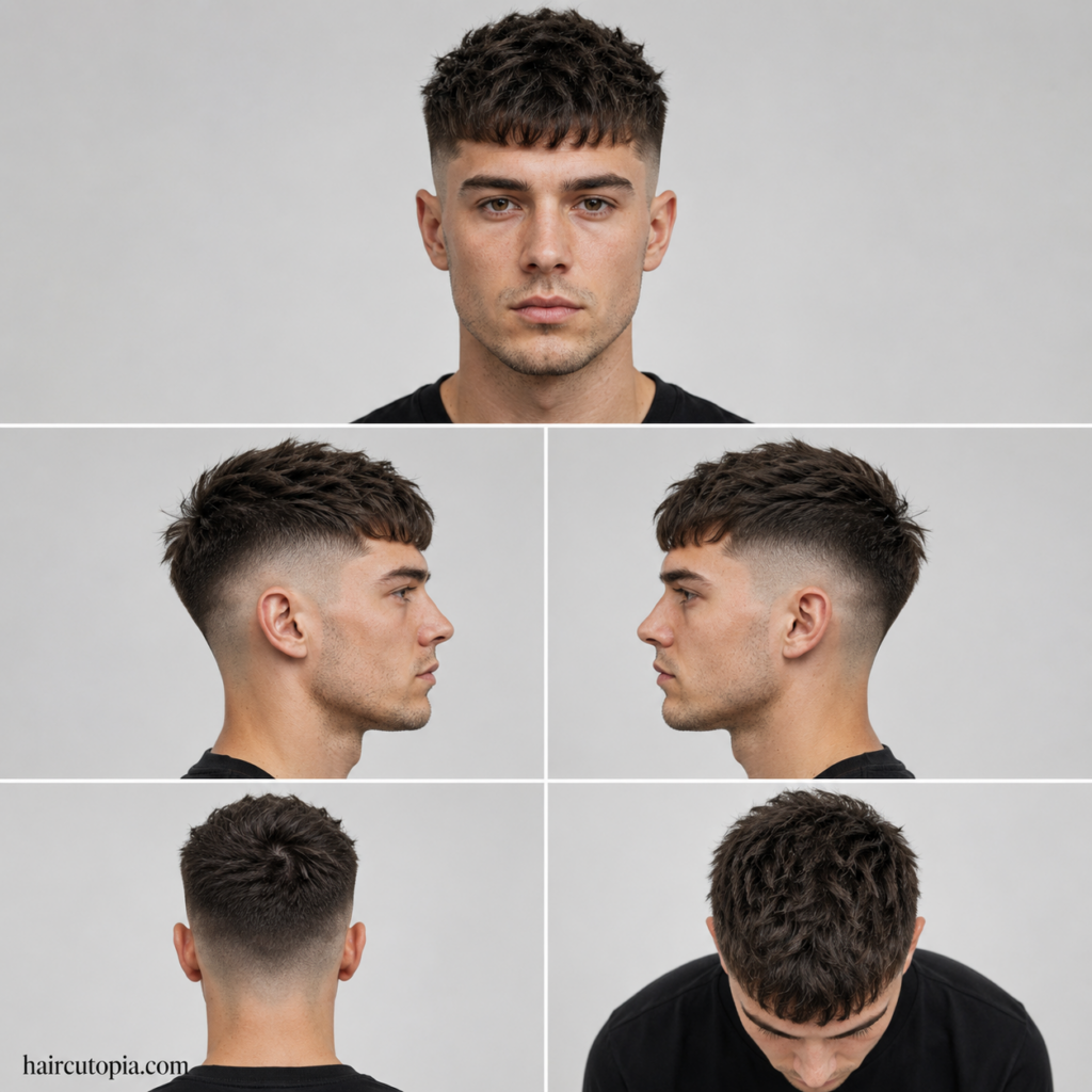 Five-panel collage showing a skin fade haircut for long faces from the front, left side, right side, back, and top views.