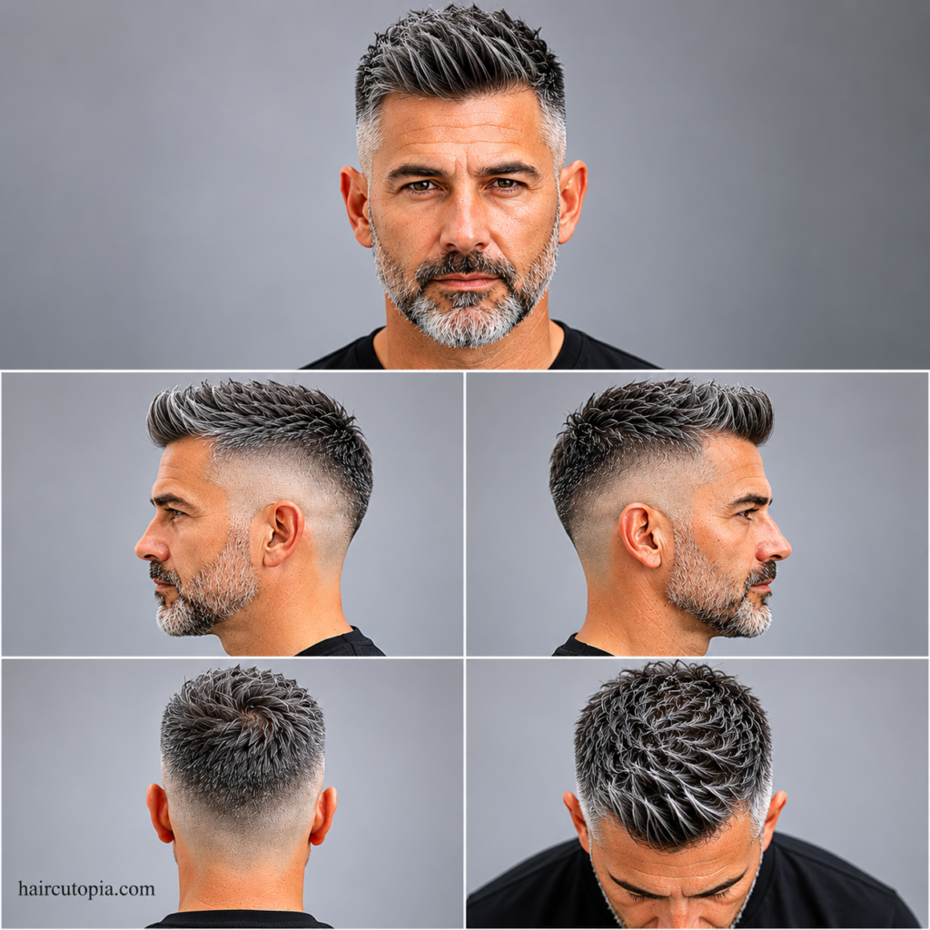 Five-panel collage showing a skin fade haircut for a man over 40 from the front, left side, right side, back, and top view with salt-and-pepper hair and a clean fade blend.