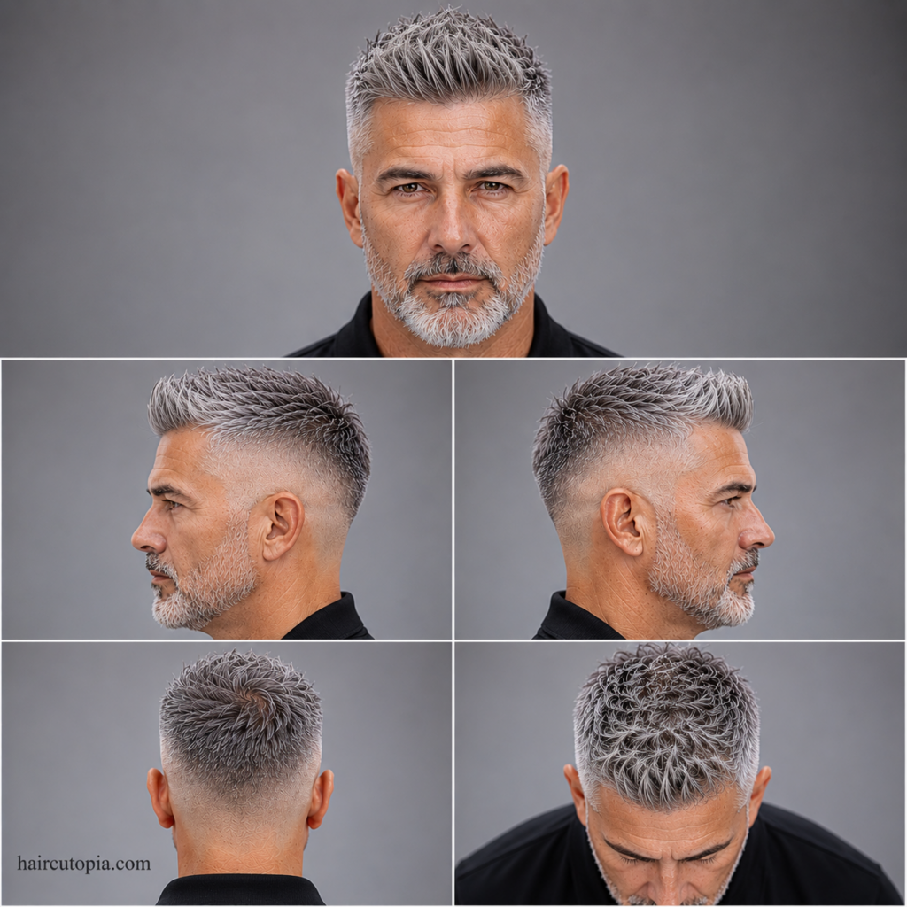 Five-panel collage showing a skin fade haircut for a man over 50 from the front, left side, right side, back, and bird's-eye view with silver hair and a clean fade blend.