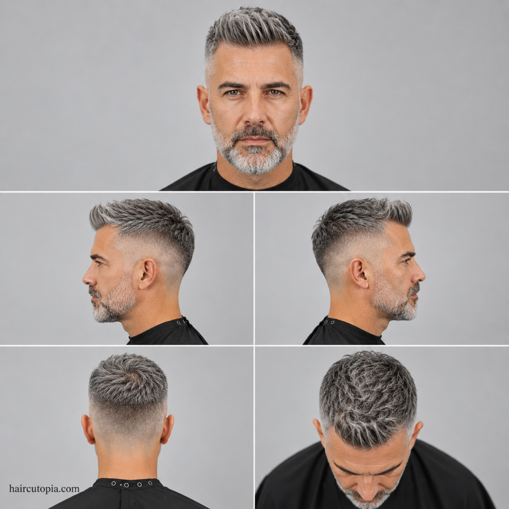 Five-panel collage showing an older man's skin fade haircut with gray hair from the front, left side, right side, back, and top view.