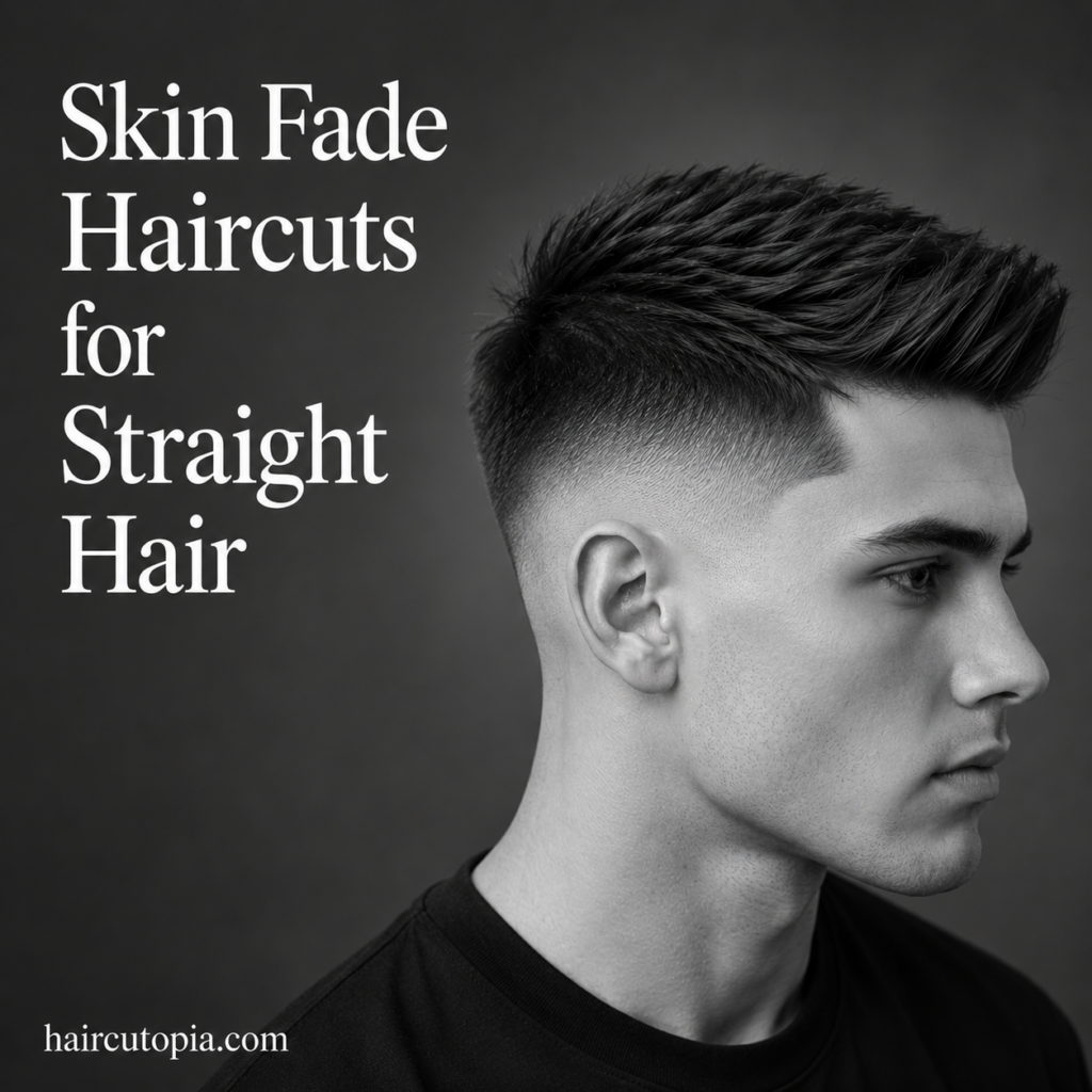 Man with a modern straight hair hairstyle and sharp skin fade haircut in a black-and-white studio portrait.