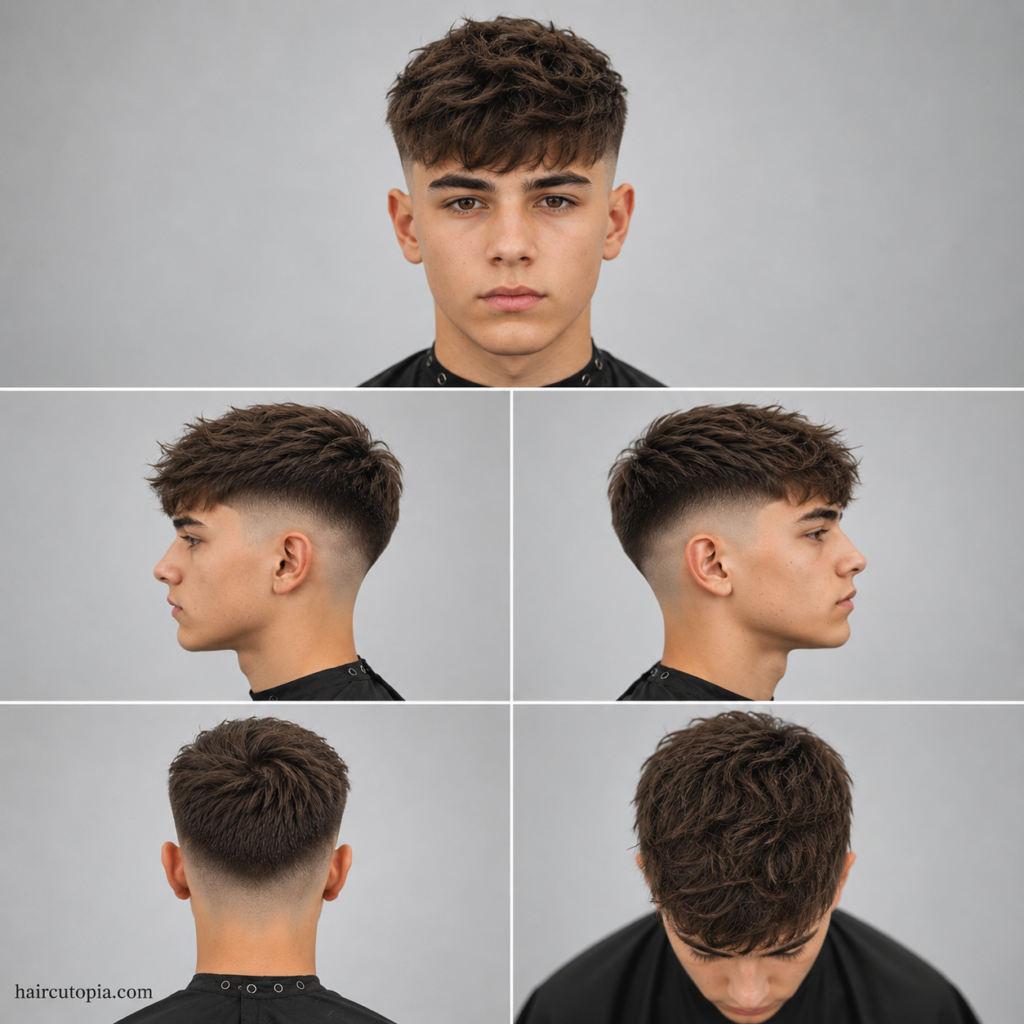 Five-panel collage showing a teen boy's skin fade haircut from the front, left side, right side, back, and top view with textured hair on top and a clean fade blend.