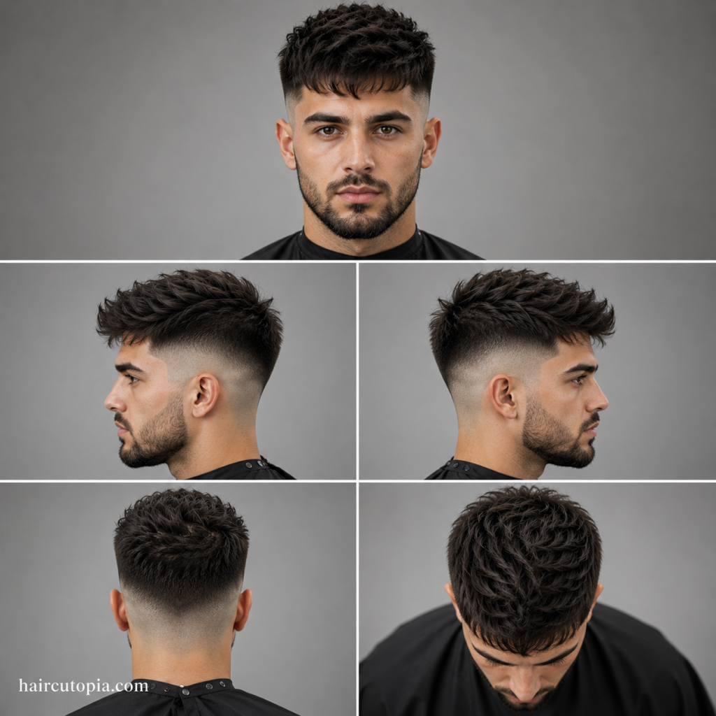 Five-panel collage showing a skin fade haircut for thick hair from the front, left side, right side, back, and top views, highlighting sharp fade transitions and textured volume.