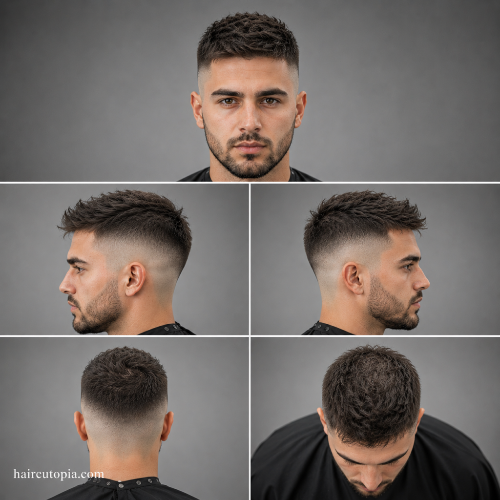 Five-panel collage showing a skin fade haircut for thin hair from the front, left side, right side, back, and top views, highlighting clean fade blending, crown coverage, and textured volume.