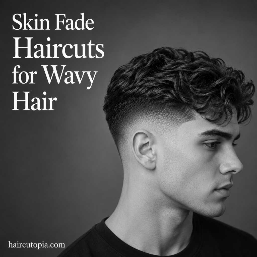 Man with textured wavy hair on top and a clean skin fade haircut in a black-and-white studio portrait.