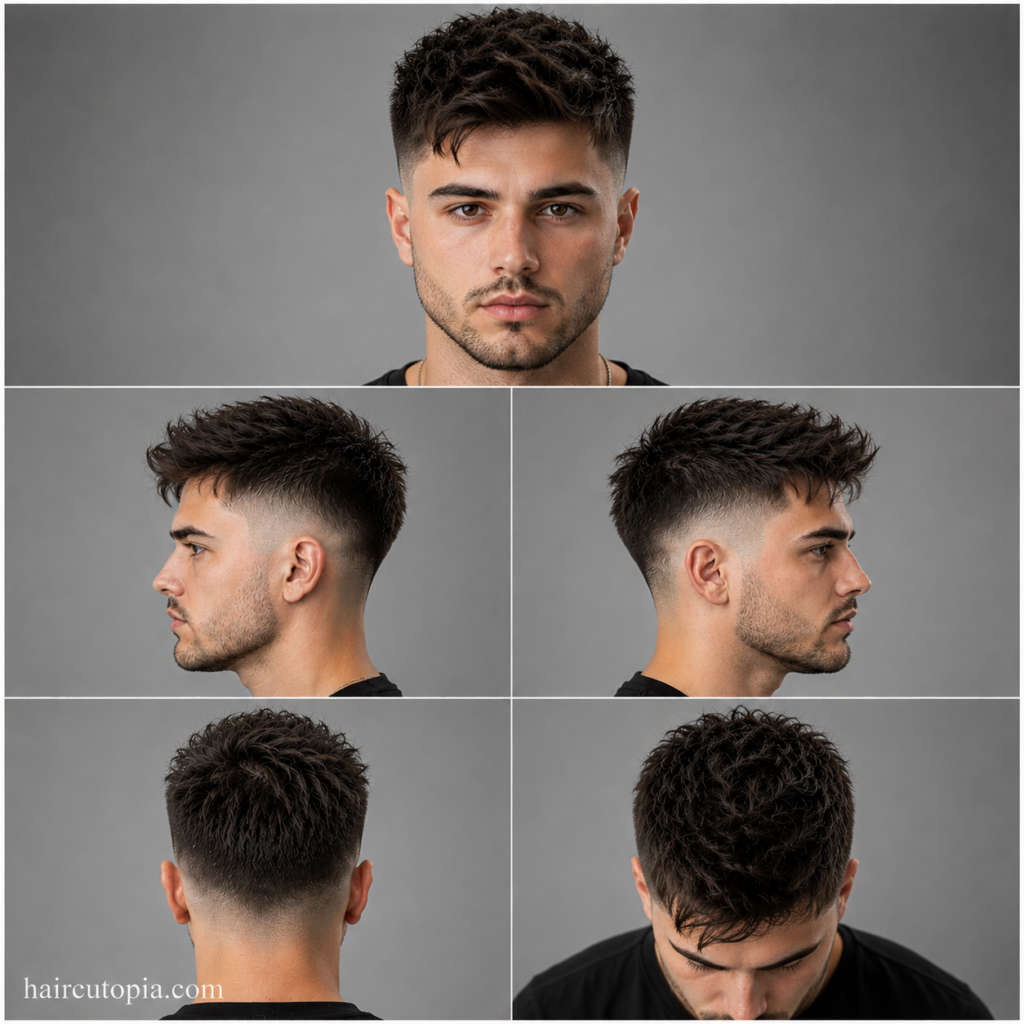 Five-panel collage showing a skin fade haircut for a heart-shaped face from the front, left side, right side, back, and top views.
