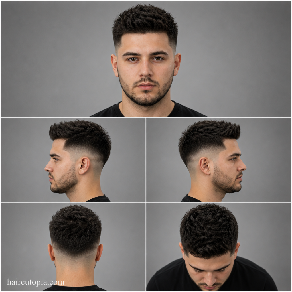 Five-panel collage showing a skin fade haircut for an oval face from the front, left side, right side, back, and top views.
