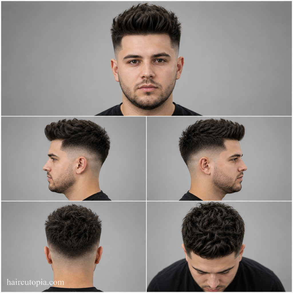 Five-panel collage showing a skin fade haircut for a round face from the front, left side, right side, back, and top views.