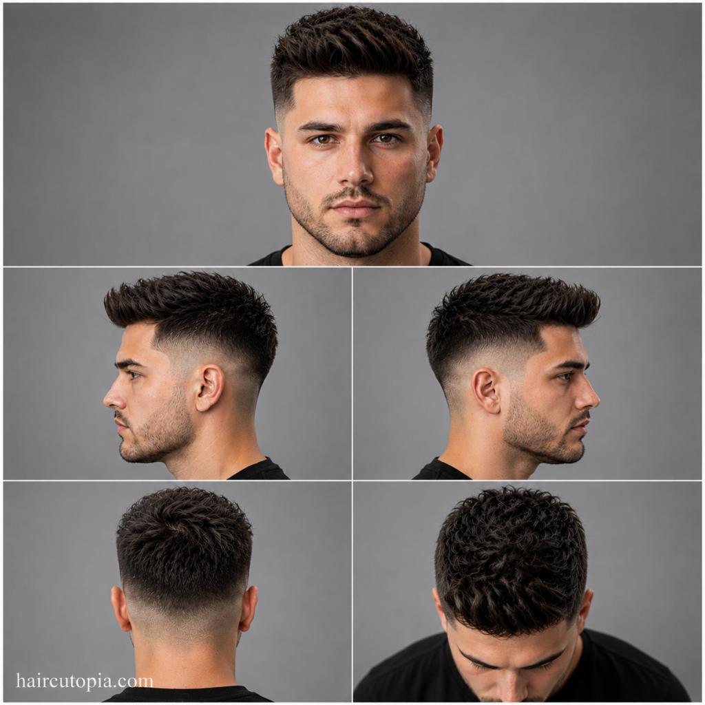Five-panel collage showing a skin fade haircut for a square face from the front, left side, right side, back, and top views.