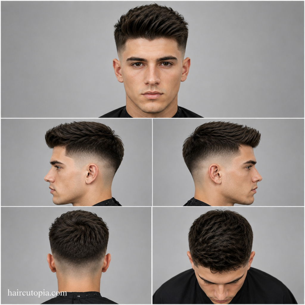 Five-panel collage showing a straight hair skin fade haircut from the front, left side, right side, back, and top views.