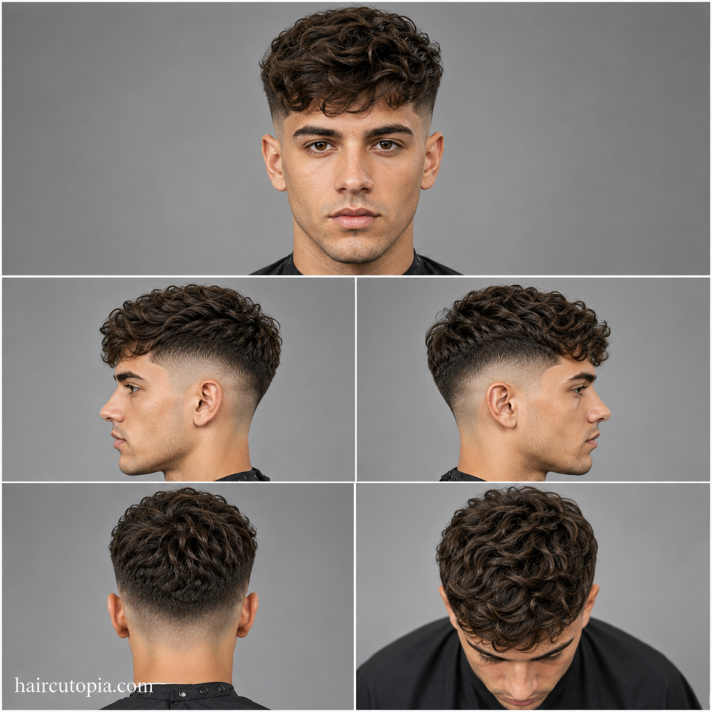 Five-panel collage showing a wavy hair skin fade haircut from the front, left side, right side, back, and top views.