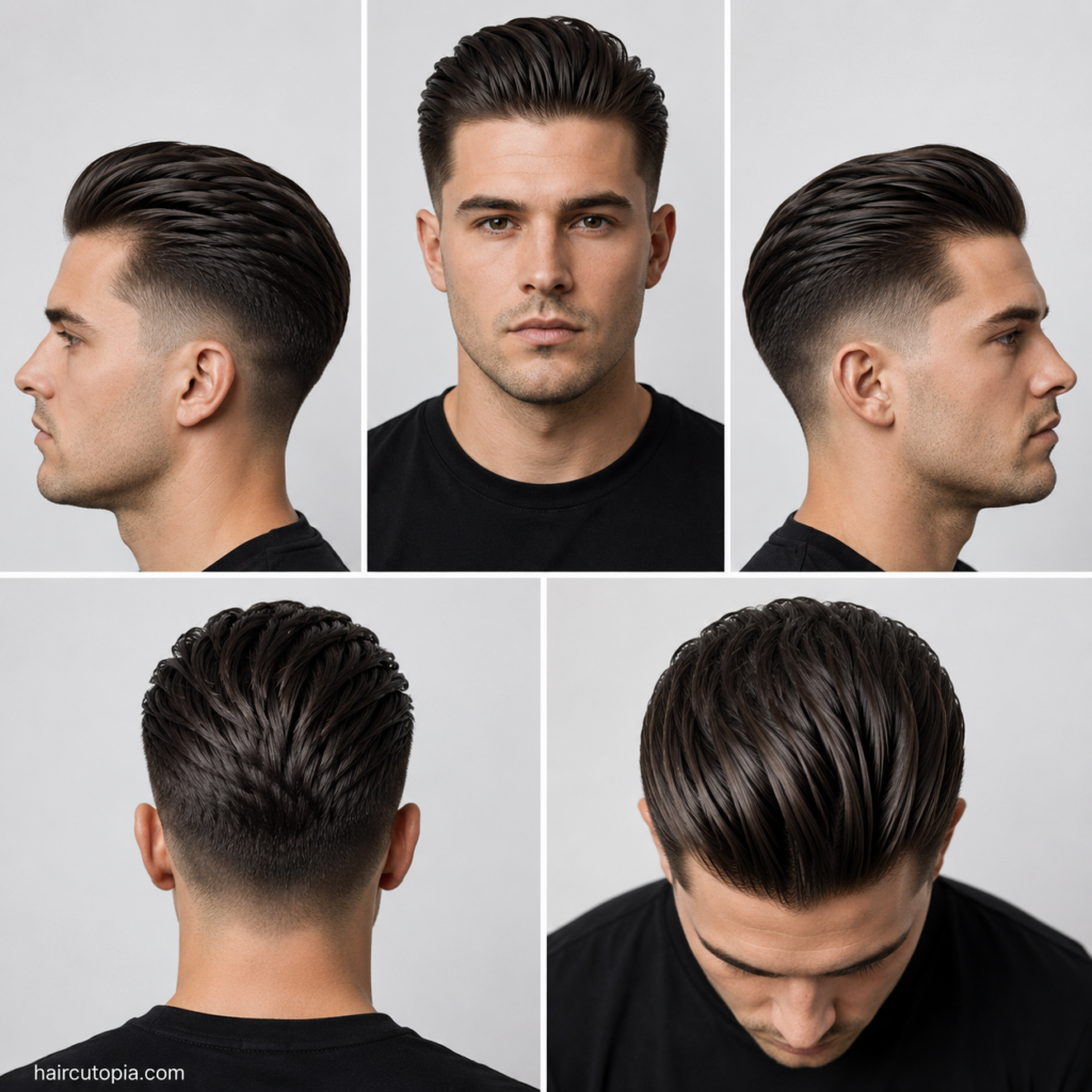 Five-view collage of a men's slick back haircut for a round face showing the front, left side, right side, back, and top views.