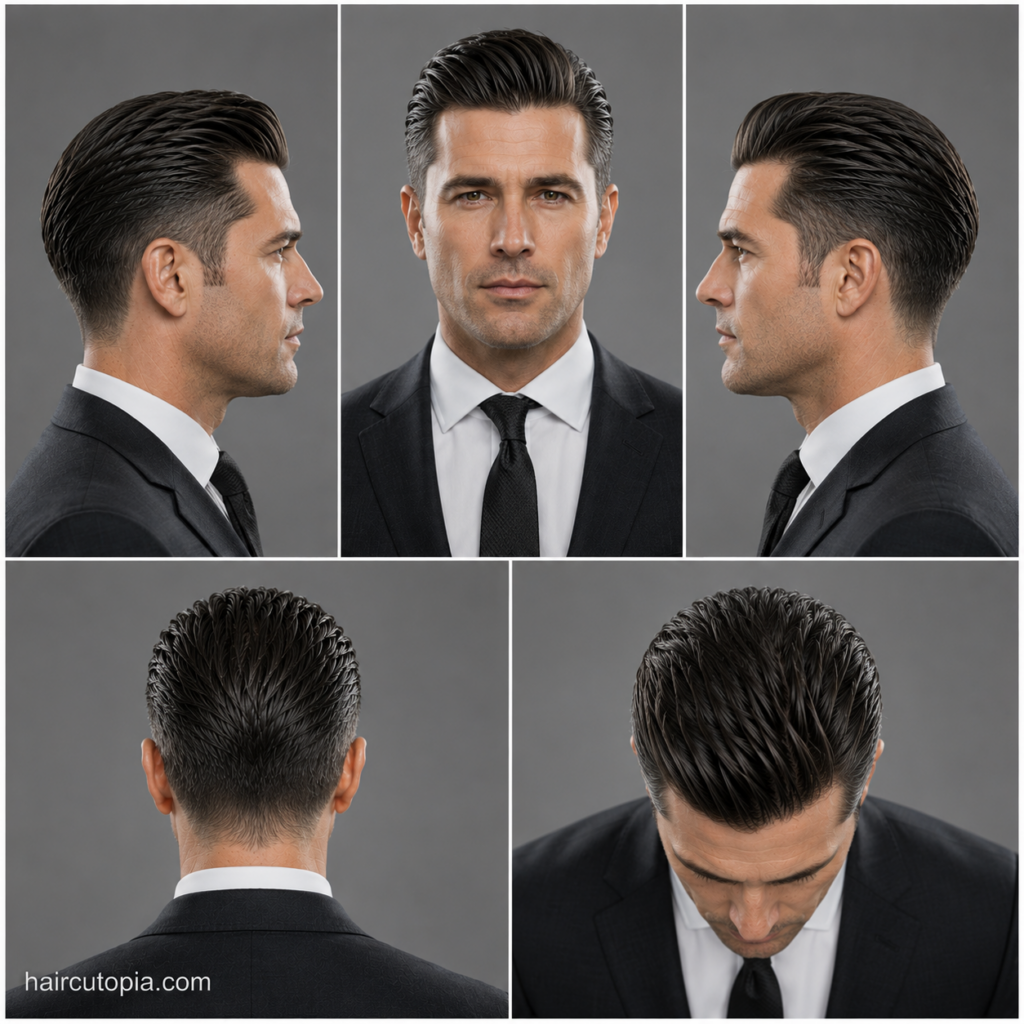 Five-panel collage of a slick back haircut for business professionals showing the front, left side, right side, back, and bird's-eye views with a clean low taper, neatly combed hair, and a polished executive finish.