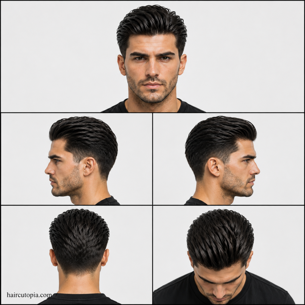 Five-view collage of a modern men's slick back haircut for coarse hair showing the front, left side, right side, back, and top views with thick texture, natural volume, and tapered sides.