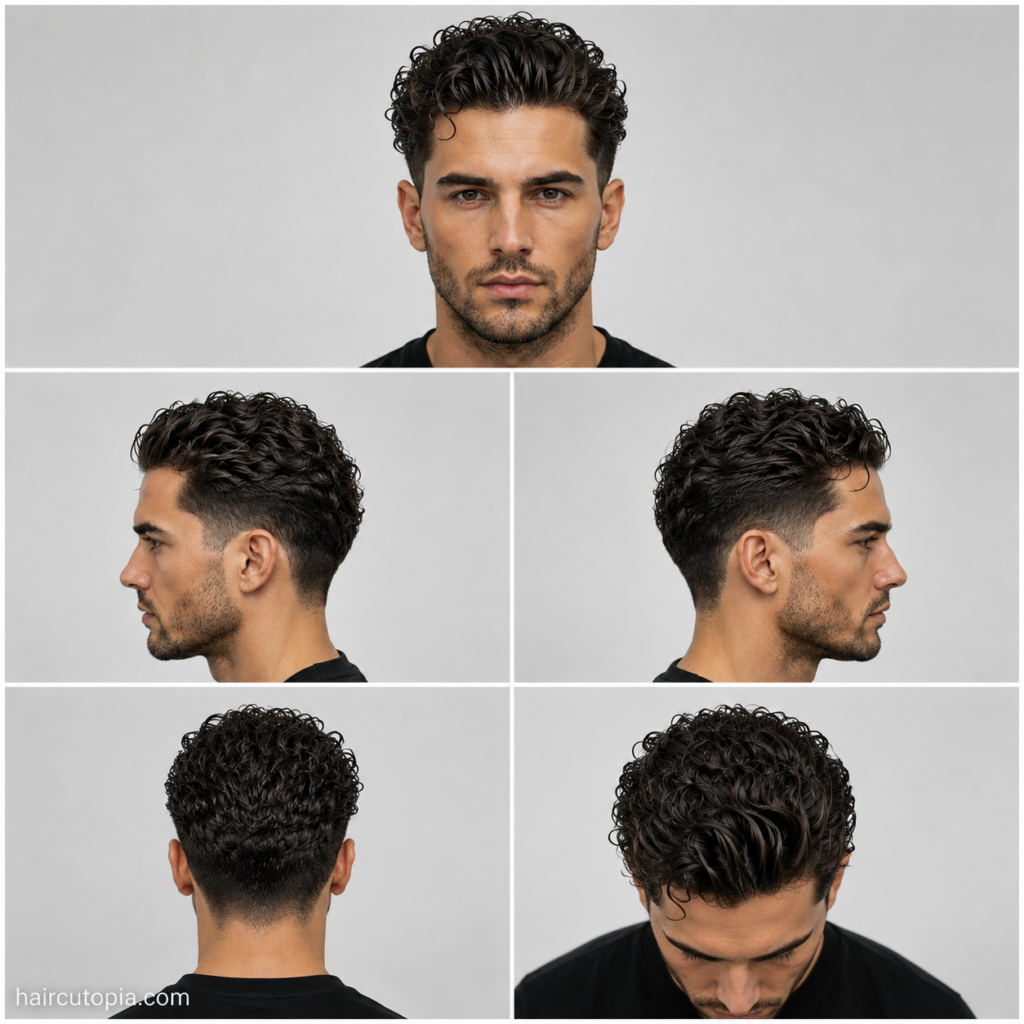 Five-view collage of a modern men's slick back haircut for curly hair showing the front, left side, right side, back, and top views with defined curls, textured volume, and tapered sides.
