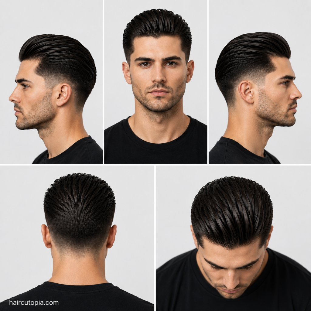 Five-view collage of a men's slick back haircut for a diamond-shaped face showing the front, left side, right side, back, and top views.