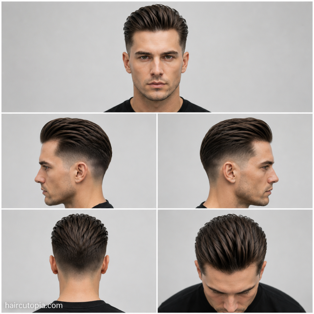 Five-view collage of a modern men's slick back haircut for fine hair showing the front, left side, right side, back, and top views with textured volume and a low taper.