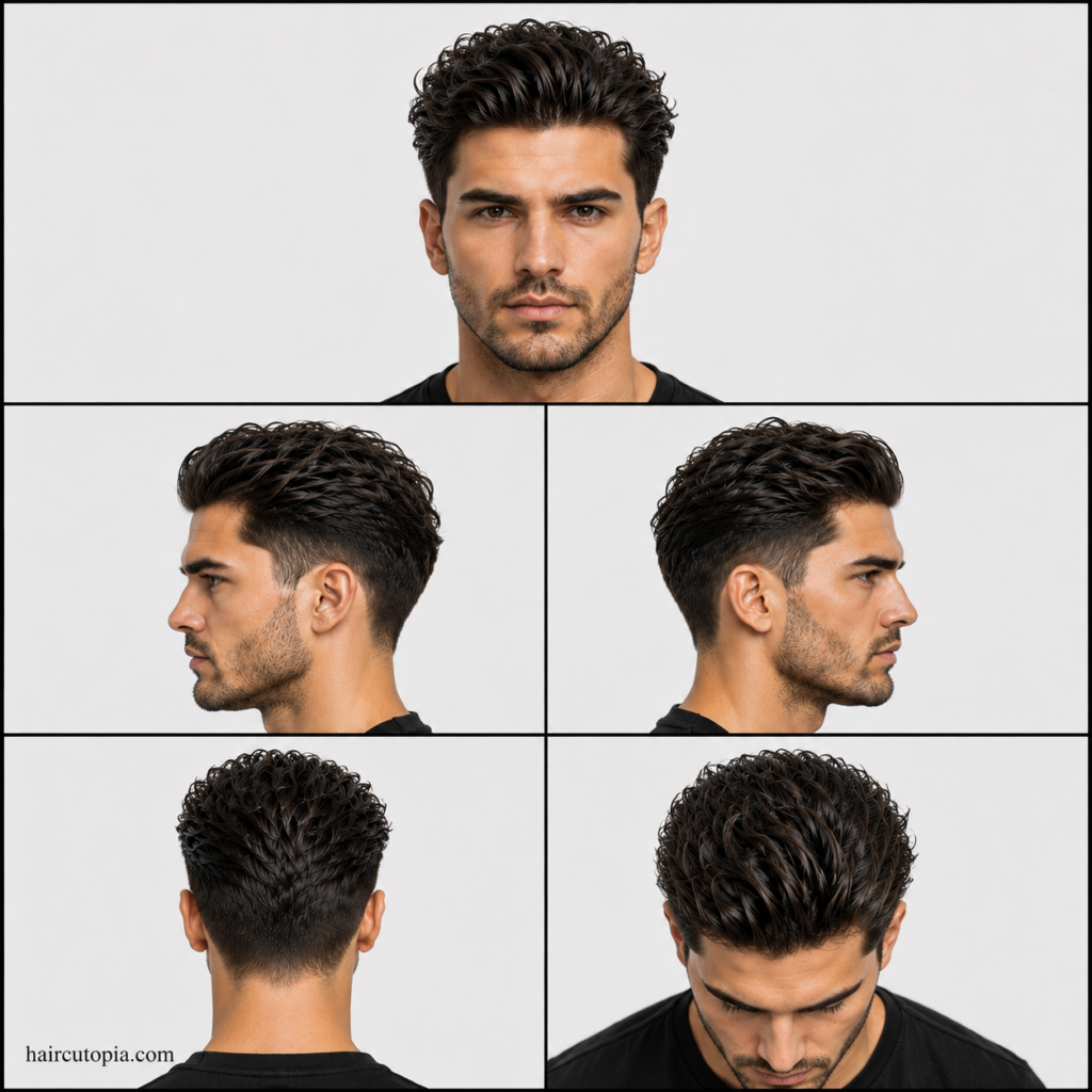 Five-view collage of a modern men's slick back haircut for frizzy hair showing the front, left side, right side, back, and top views with controlled texture, natural volume, and tapered sides.