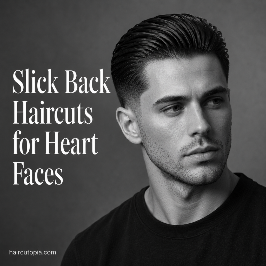 Man with a modern slick back haircut for a heart-shaped face featuring a clean taper fade, natural volume, and a black-and-white editorial style portrait.