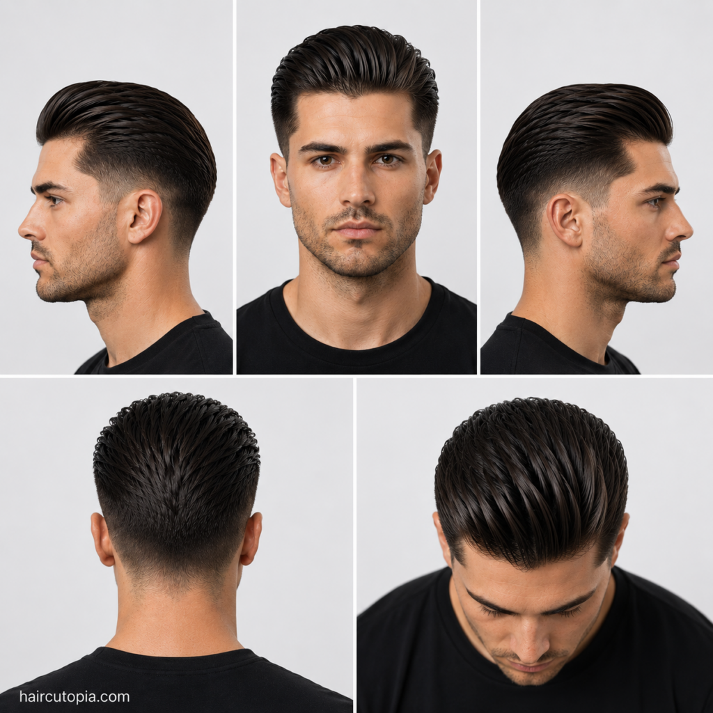 Five-view collage of a men's slick back haircut for a heart-shaped face showing the front, left side, right side, back, and top views.