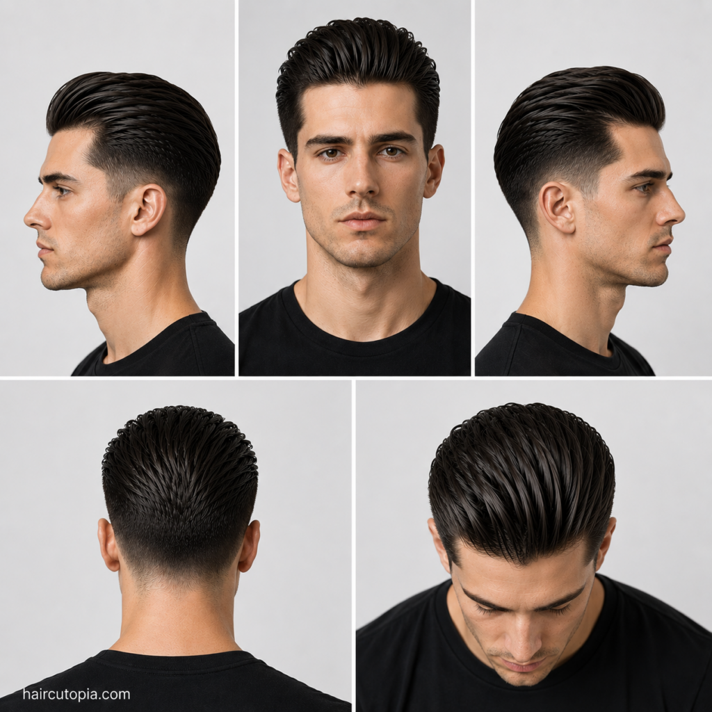 Five-view collage of a men's slick back haircut for a long face showing the front, left side, right side, back, and top views.