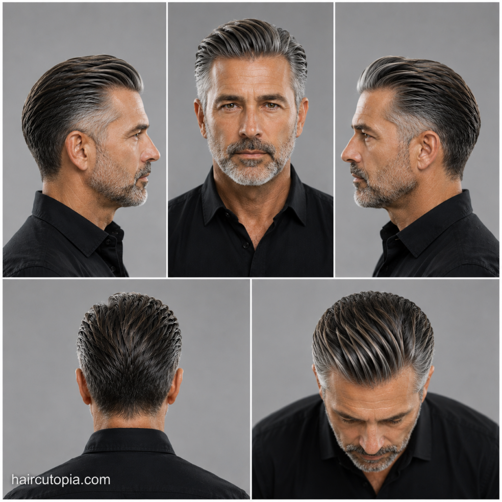 Five-panel collage of a slick back haircut for men over 40 showing the front, left side, right side, back, and bird's-eye views with salt-and-pepper hair, a clean taper, and a polished modern finish.