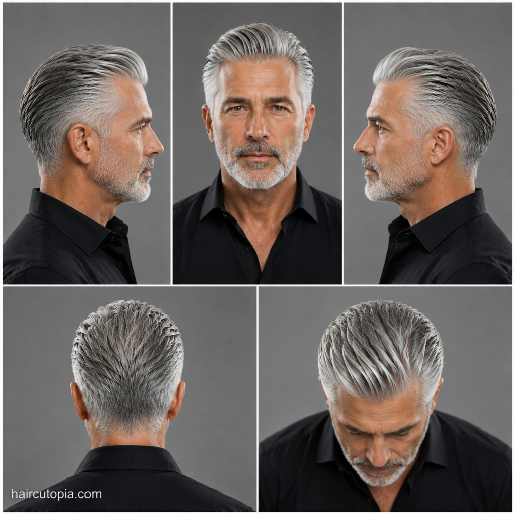Five-panel collage of a slick back haircut for men over 50 showing the front, left side, right side, back, and bird's-eye views with naturally silver hair, a clean low taper, and a timeless polished finish.