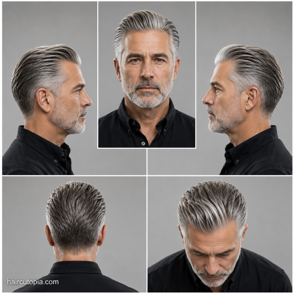 Five-panel collage of a slick back haircut for older men showing the front, left side, right side, back, and bird's-eye views with naturally silver hair, a clean taper, and a timeless polished finish.