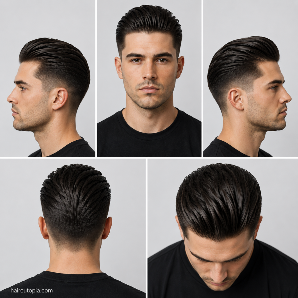 Five-view collage of a men's slick back haircut for an oval face showing the front, left side, right side, back, and top views.