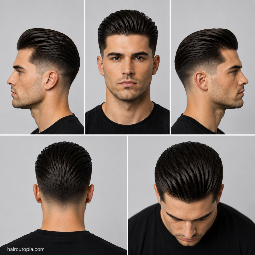 Five-view collage of a men's slick back haircut for a square face showing the front, left side, right side, back, and top views.