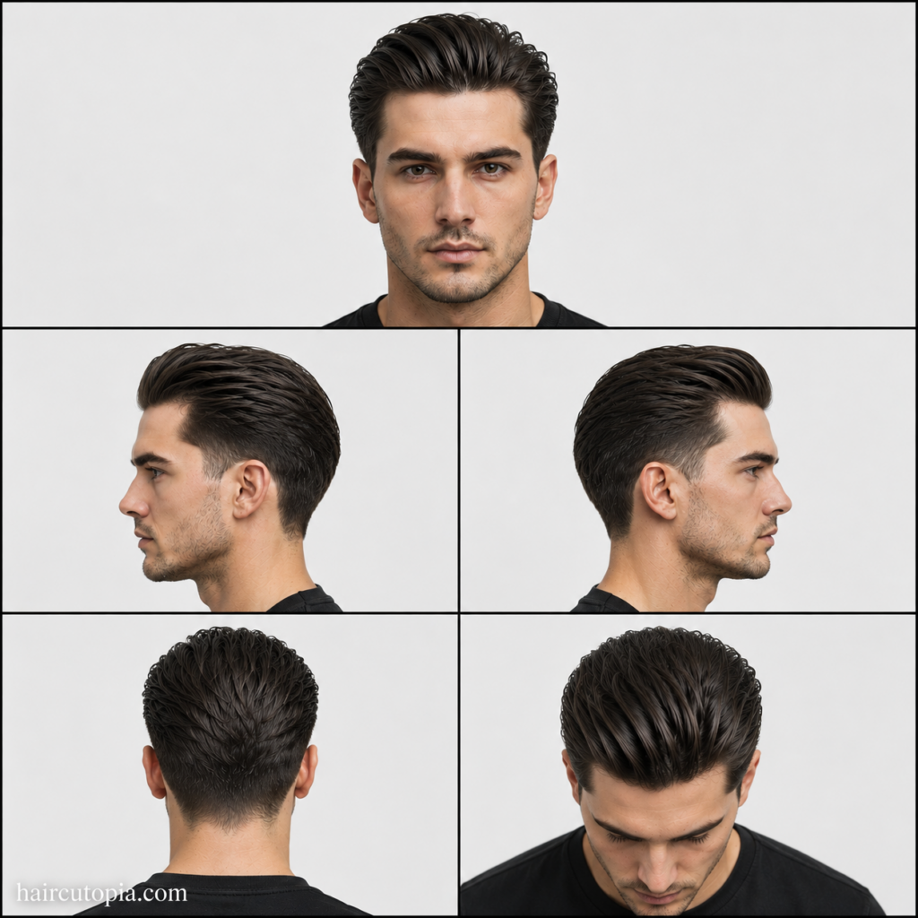 Five-view collage of a modern men's slick back haircut for straight hair showing the front, left side, right side, back, and top views with a smooth textured top and clean tapered sides.