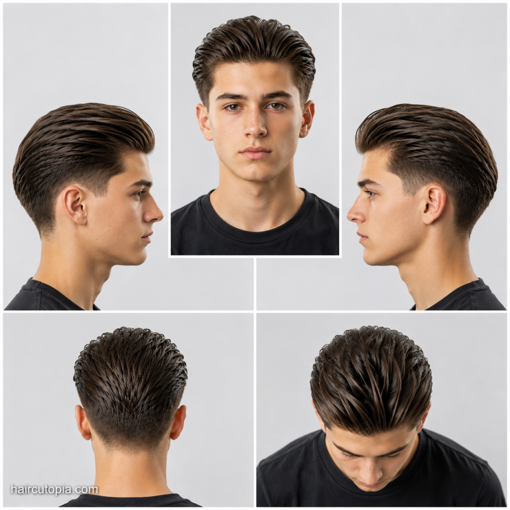 Five-panel collage of a slick back haircut for teen boys showing the front, left side, right side, back, and bird's-eye views with natural texture, a clean low taper, and a modern youthful finish.