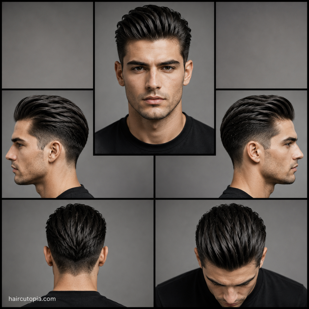 Five-panel collage showing a slick back haircut for thick hair from the front, left side, right side, back, and top views.