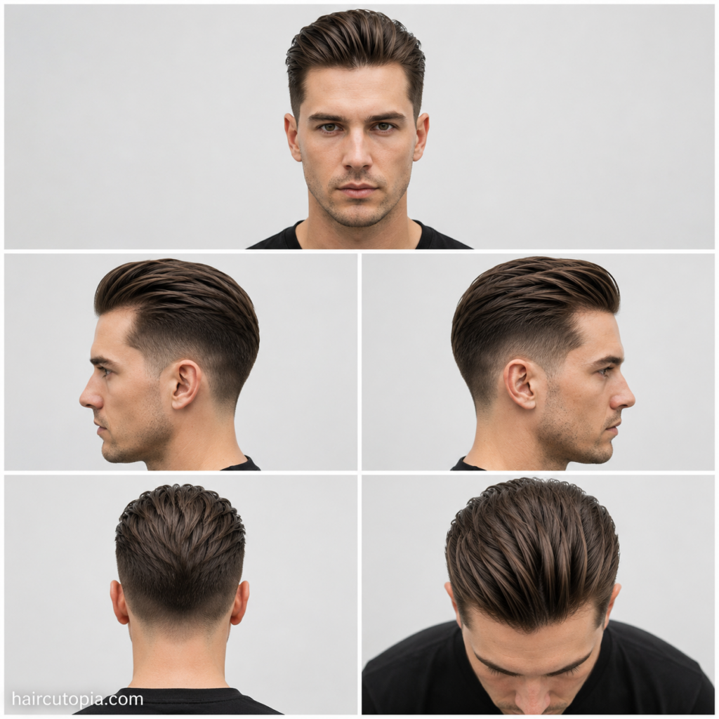 Five-view collage of a men's slick back haircut for thin hair showing the front, left side, right side, back, and top views with textured volume and tapered sides.