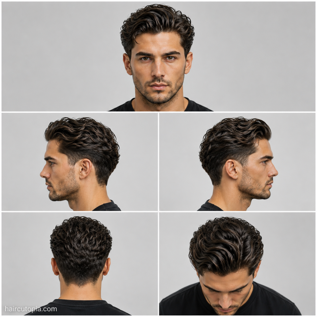 Five-view collage of a modern men's slick back haircut for wavy hair showing the front, left side, right side, back, and top views with natural waves, textured volume, and tapered sides.