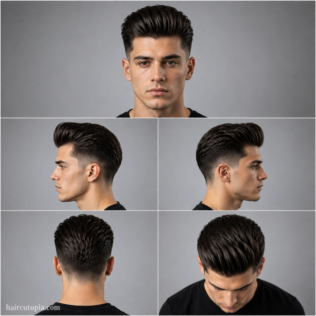 Five-view collage of a straight hair pompadour showing front, left side, right side, back, and top views