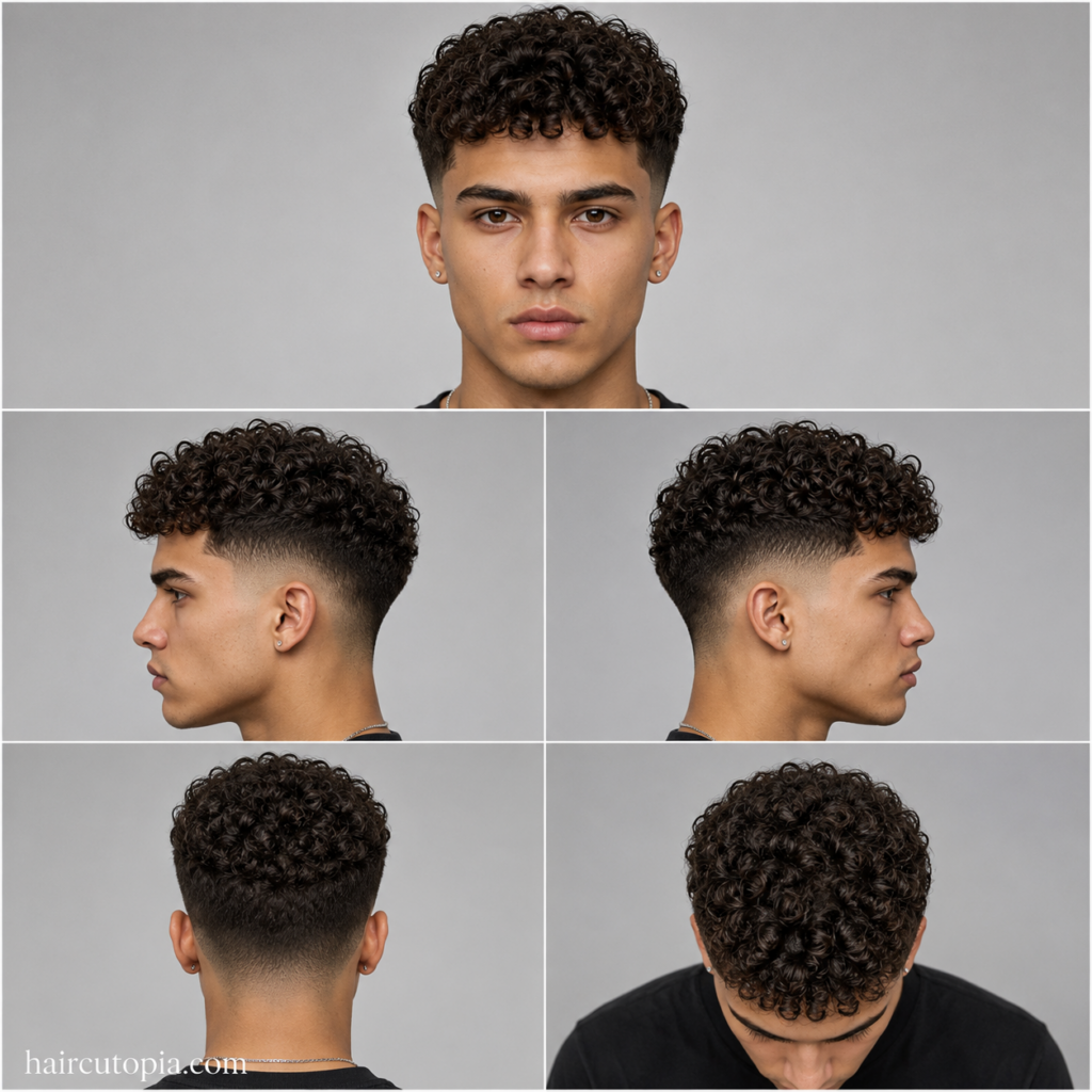 Five-panel collage showing a taper fade haircut for curly hair from the front, left side, right side, back, and top views.