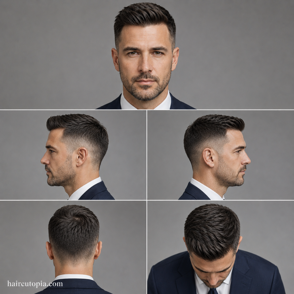 Five-panel collage showing a professional taper fade haircut from the front, left side, right side, back, and top views.