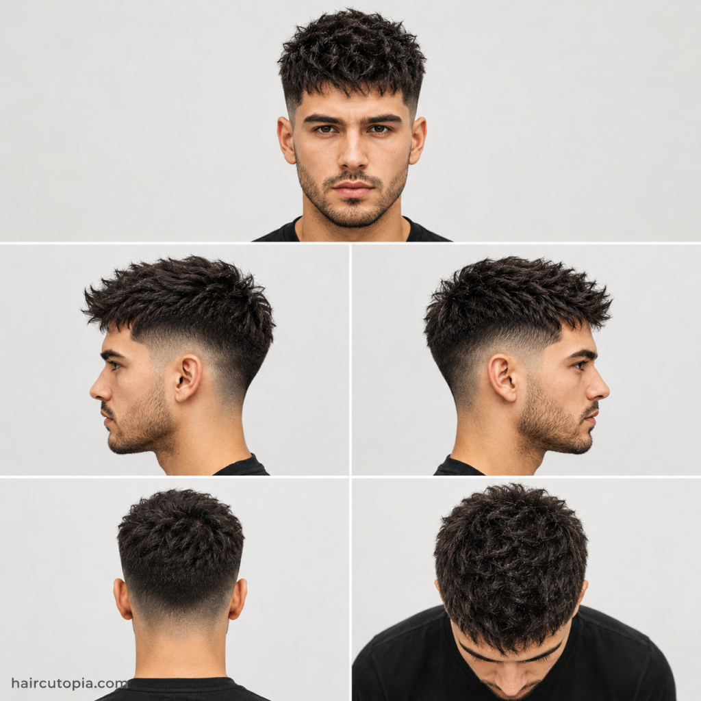 Five-panel collage showing a taper fade haircut for coarse hair from the front, left side, right side, back, and top views