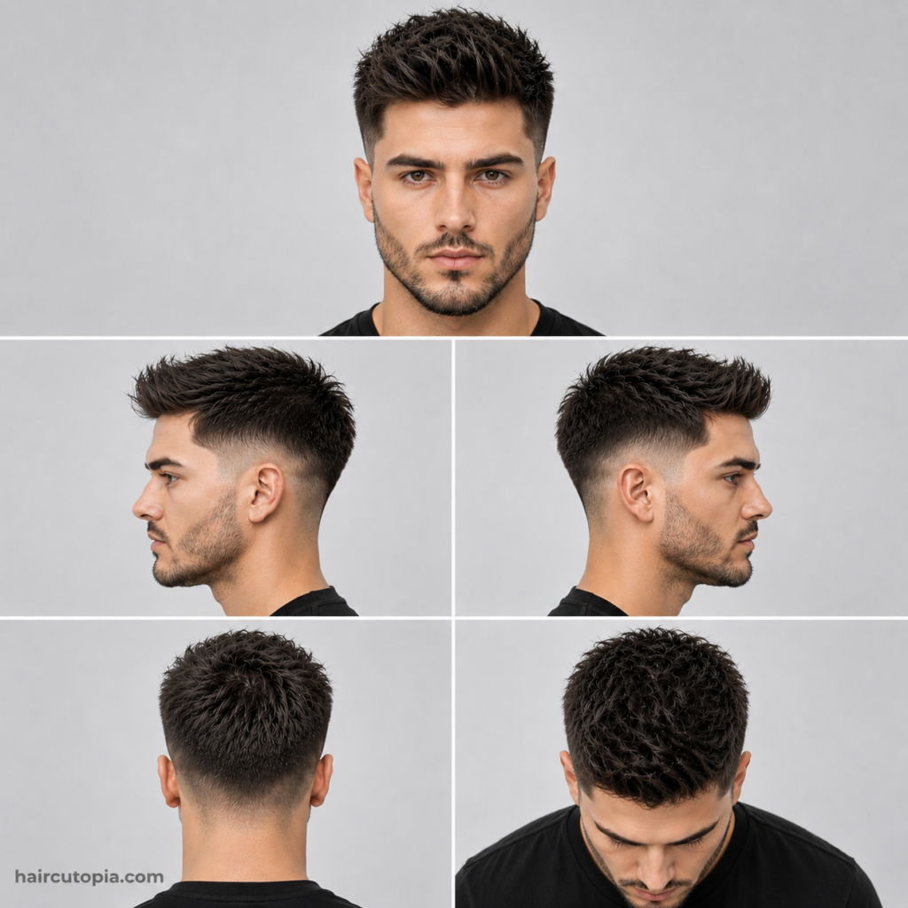 Five-panel collage showing a taper fade haircut for a diamond face from the front, left side, right side, back, and bird's-eye views