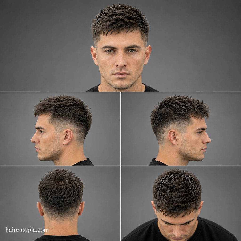 Five-panel collage showing a taper fade haircut for fine hair from the front, left side, right side, back, and bird's-eye view with textured styling and clean taper blending.