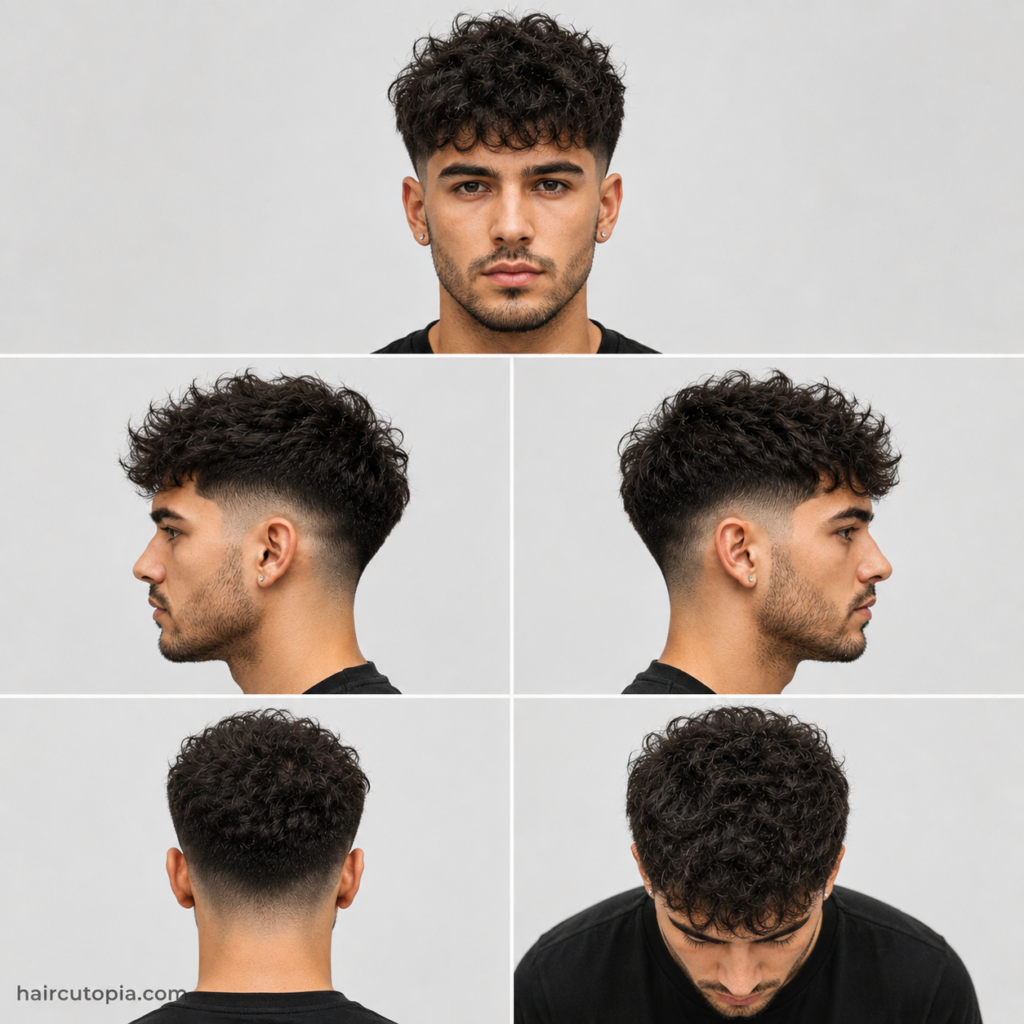 Five-panel collage showing a taper fade haircut for frizzy hair from the front, left side, right side, back, and top views