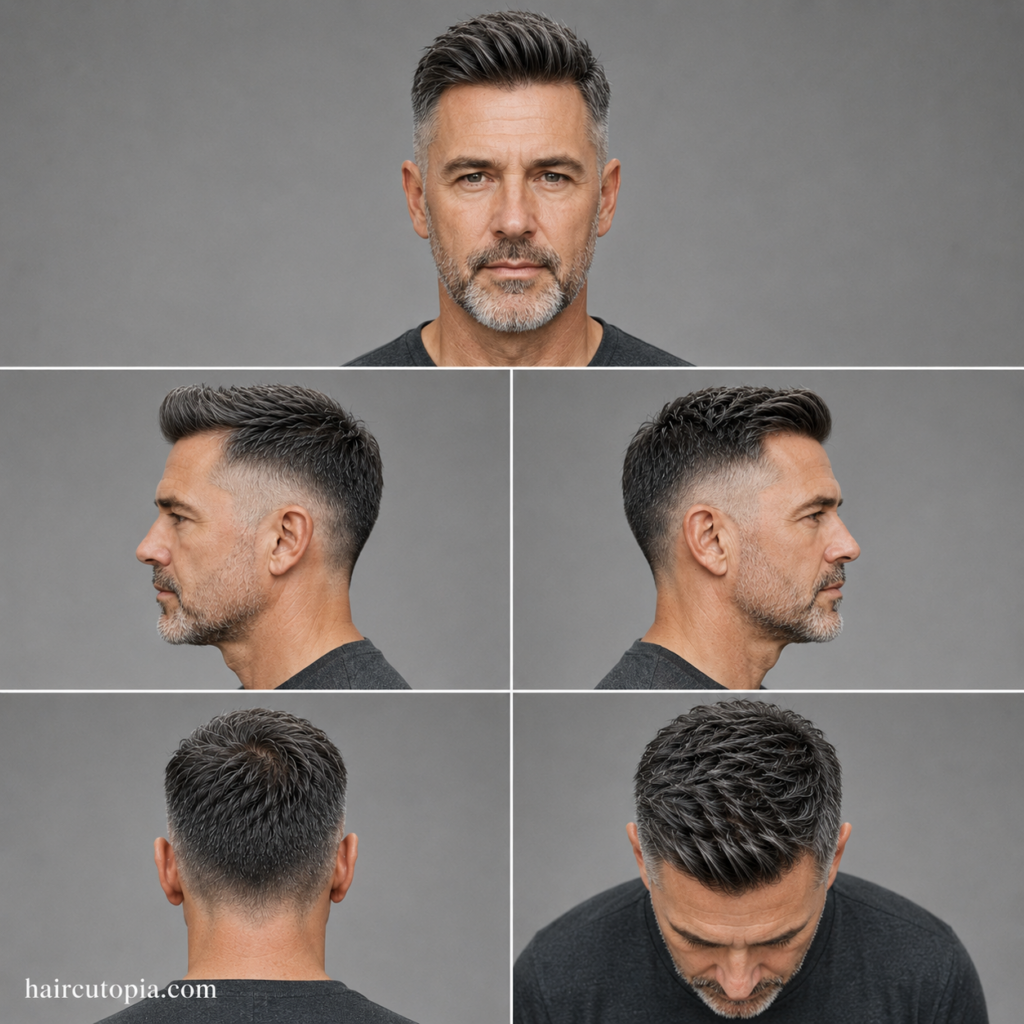 Five-panel collage showing a taper fade haircut for a man over 40 from the front, left side, right side, back, and top views.