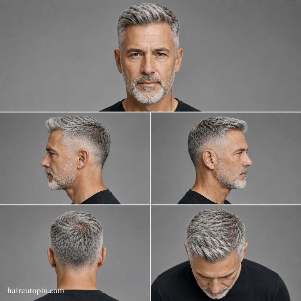 Five-panel collage showing a taper fade haircut for a man over 50 from the front, left side, right side, back, and top views.