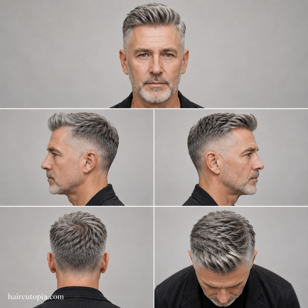 Five-panel collage showing an older man with a taper fade haircut from the front, left side, right side, back, and top views.