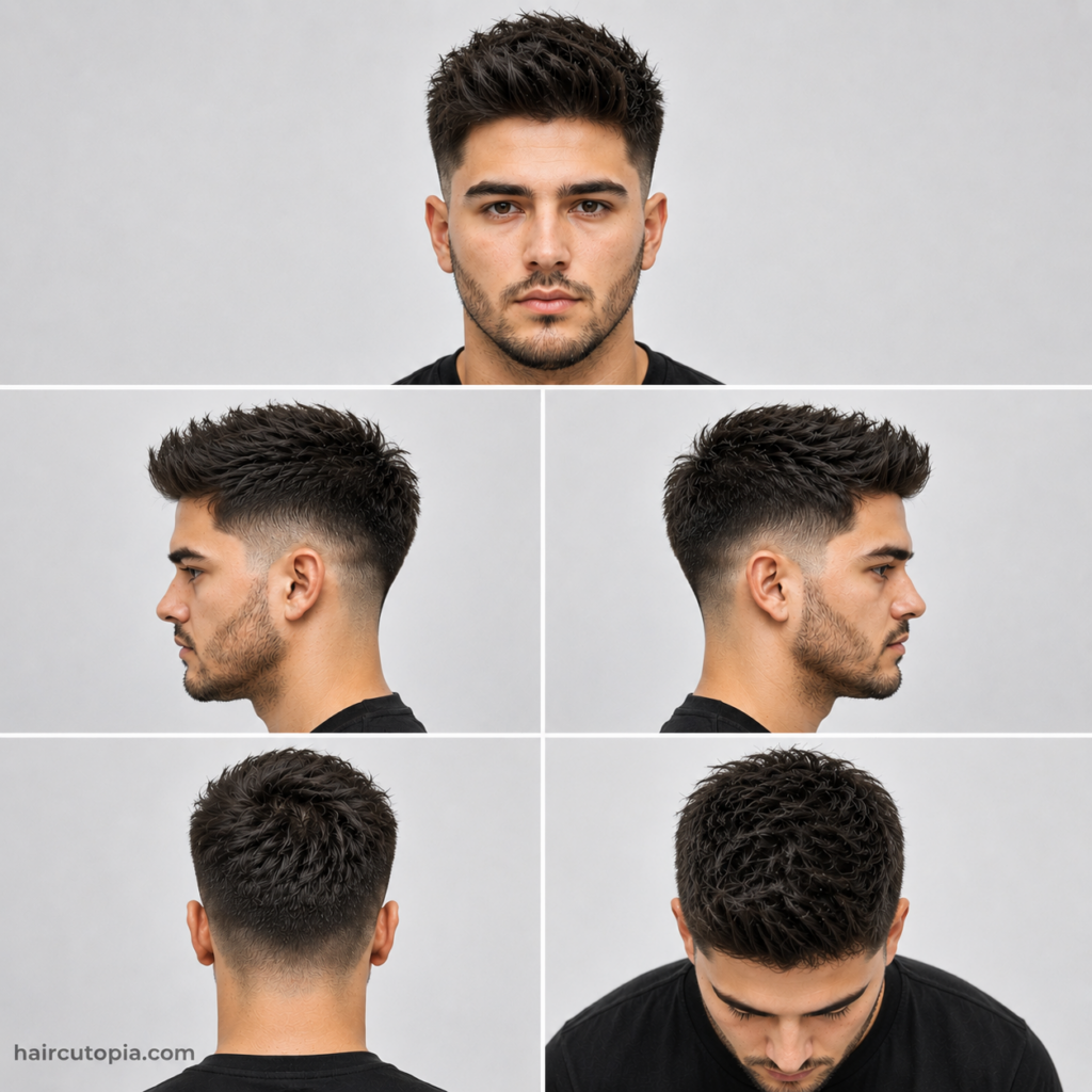 Five-panel collage showing a taper fade haircut for an oval face from the front, left side, right side, back, and bird's-eye views
